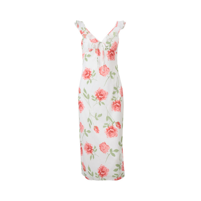 Summer Sexy Backless Rose Print Elegant Slim Strap Dress-Fancey Boutique