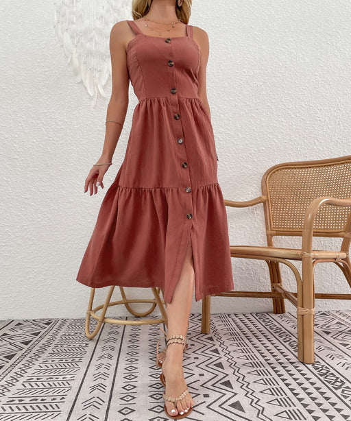 Color-Rosewood Color-Summer Women Clothing Cotton Linen Solid Color Strap Cardigan Dress-Fancey Boutique