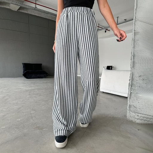 Autumn Casual Striped High Waist Elastic Band Trousers Baggy Straight Trousers Women-Black-Fancey Boutique