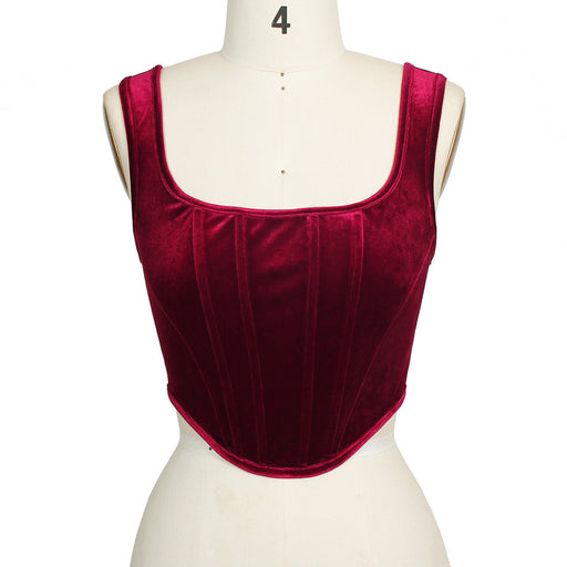 Color-Burgundy-Women Clothing Square Collar Sexy Slim Boning Corset Velvet Vest Cropped Women T Top High Profile-Fancey Boutique