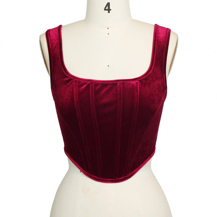 Color-Burgundy-Women Clothing Square Collar Sexy Slim Boning Corset Velvet Vest Cropped Women T Top High Profile-Fancey Boutique