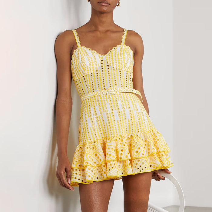 Summer Machine Embroidery Sexy Spaghetti Strap Ruffle Dress Waist Slimming Short Temperamental Dress-Yellow-Fancey Boutique