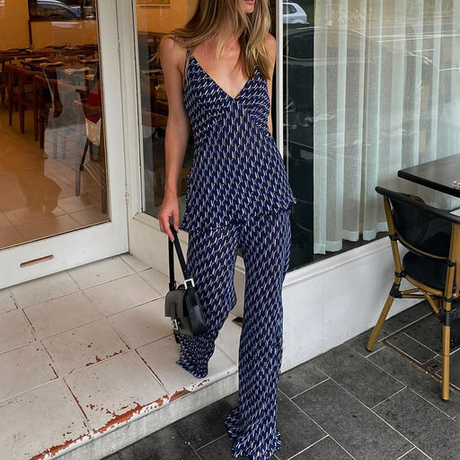 Summer Sleeveless V Neck Strap Wide Leg Trousers Sexy Sexy Two Piece Set Women Printed Wear-Fancey Boutique