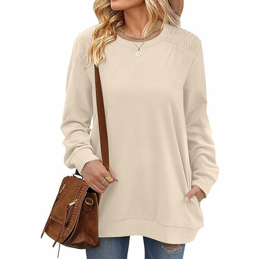 Color-Apricot-Autumn Winter Solid Color round Neck Loose Casual Long Sleeve T shirt Top for Women-Fancey Boutique