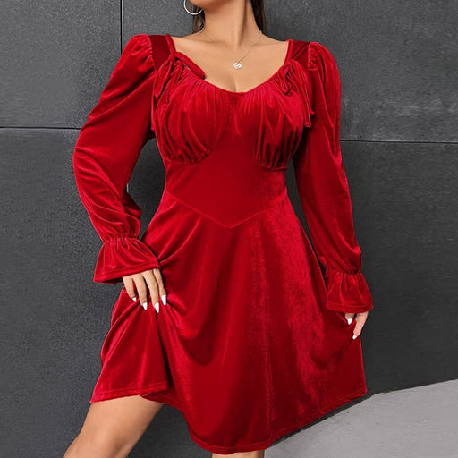 Color-Red-plus Size Women Clothes Autumn Winter Waist Controlled Large Hem Short Dress Long Sleeve Velvet Party Dress-Fancey Boutique