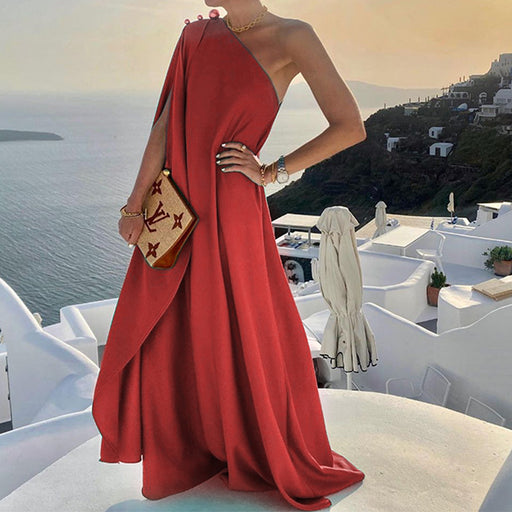 Color-Red-Summer Women Clothing Graceful Fashionable Solid Color French Loose One-Shoulder Maxi Dress-Fancey Boutique