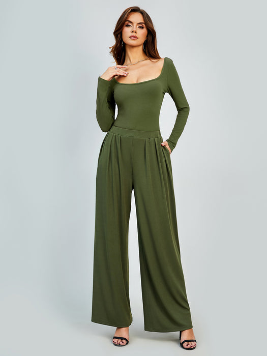 Color-Green-Winter Solid Color Casual Straight Leg Pants Women Drape Wide Leg High Waist Slimming Office-Fancey Boutique