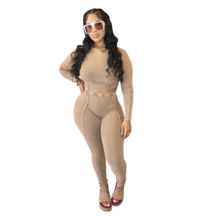 Color-Apricot-Women Wear Tight Sexy Sunken Stripe Long Sleeve Sports Two Suit-Fancey Boutique