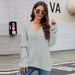 Color-Gray Pullover-Women Clothing V Neck Casual Pullover Women Loose Long Sleeve Sweater-Fancey Boutique
