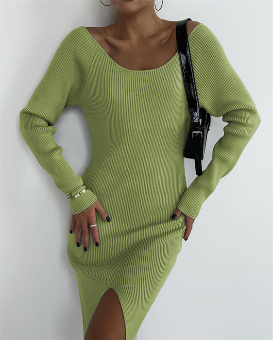 Long Sleeve Mid Length Fall Winter Sweater Dress Backless Tight Sexy Slit Knitted Dress for Women-Green-Fancey Boutique