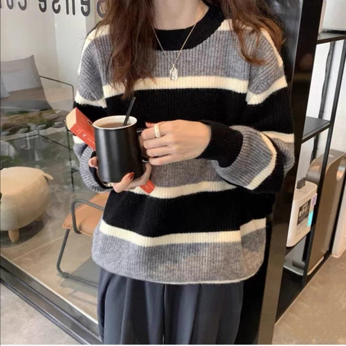 Loose Contrast Color Striped Pullover Women Autumn Winter Lazy Wind Retro Outerwear Sweater Thick-Black-Fancey Boutique