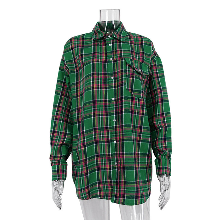 Color-Green-Women Clothing Autumn Winter Retro Loose Plaid Shacket Collared Long Sleeve Shirt-Fancey Boutique