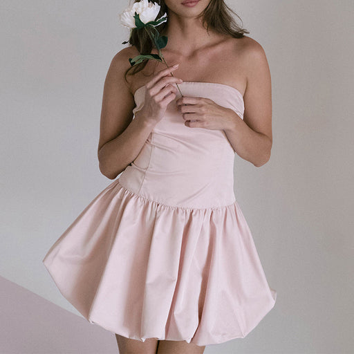 Solid Color Pure Sweet Fresh Sexy Sexy Lace Up Bud Tube Top Dress-Pink-Fancey Boutique