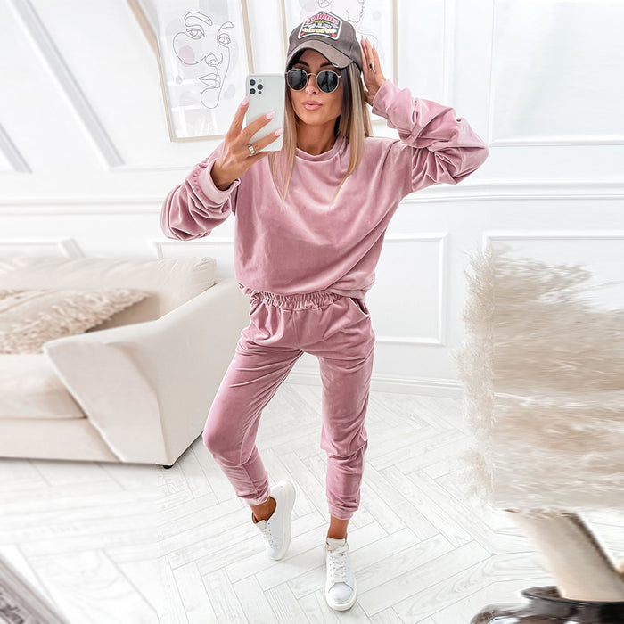 Color-Pink-Autumn Winter Solid Color Long Sleeve Home Loose Casual Suit Women-Fancey Boutique