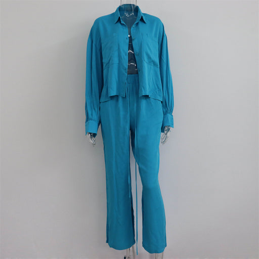 Color-Blue-Women Commuting Wear Spring Summer Polo Collar Shirt Top Split Wide Leg Pants Two Piece Set Casual Set-Fancey Boutique