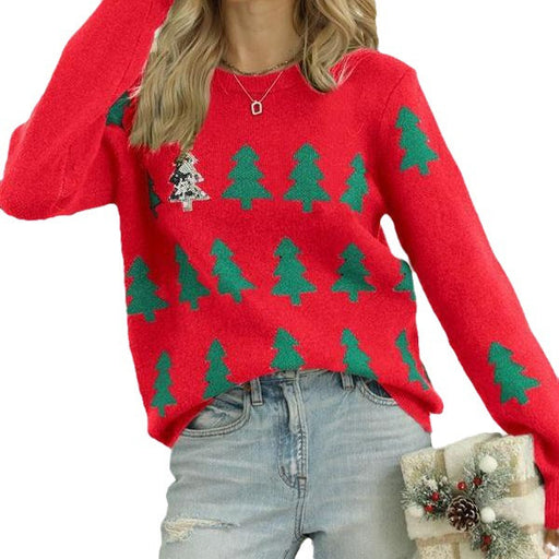 Color-Red-Christmas Tree Jacquard Christmas Sweater Women Casual Pullover Sweater-Fancey Boutique