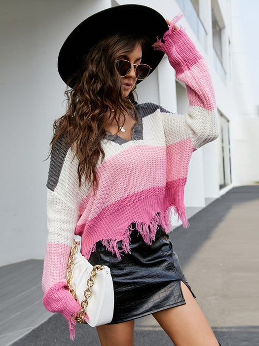 Color-Pink Turtleneck Sweater-Pullover Women Loose Short V Neck Women Sweater Autumn Winter Tassel Knitwear-Fancey Boutique