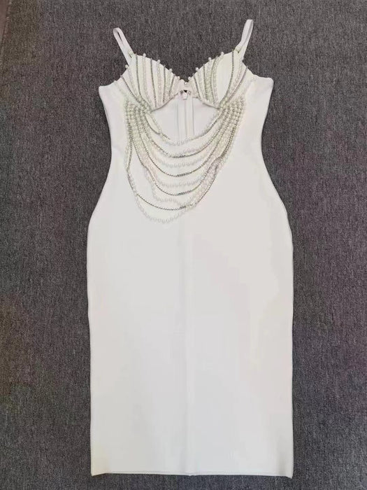 Summer Elegant Beaded Rhinestone Chain V neck Strap Dress White Hollow Out Cutout out Bandage Suspender-White-Fancey Boutique