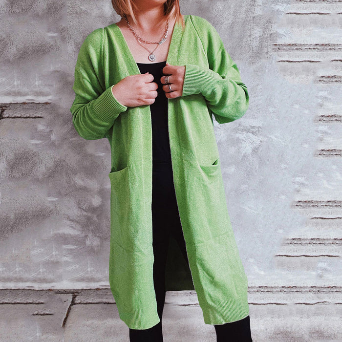 Color-Green-Office Loose Long Pocket Solid Color Raglan Sleeve Knitted Cardigan Sweater Coat-Fancey Boutique