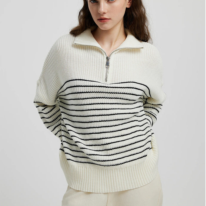 Autumn Winter Women Clothing Turtleneck Striped Color Matching Long Sleeve Zipper Pullover Knitted Sweater Women-Fancey Boutique