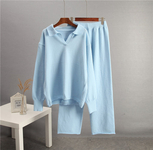 Autumn Winter Solid Color Flip Collar Sweater Women Loose Knitted Polo Collar Collar Sweater Wide Leg Pants Two Piece Set-Light Blue-Fancey Boutique