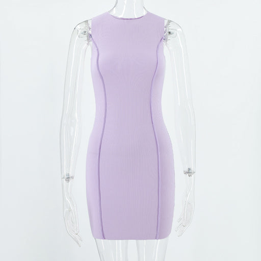 Color-Purple-Summer Women Round Neck Sleeveless Solid Color Slim Sheath Dress-Fancey Boutique