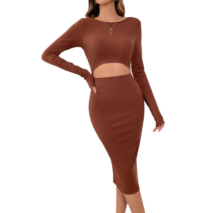 Color-Dark Brown-Knitted Sexy Design Waist Hollow Out Cutout Thin Sheath Dress-Fancey Boutique