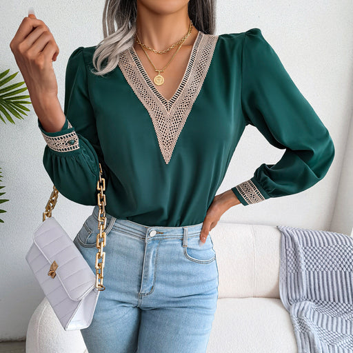 Color-Green-Autumn Winter Lace V-neck Long Sleeve Chiffon Shirt Women Clothing-Fancey Boutique