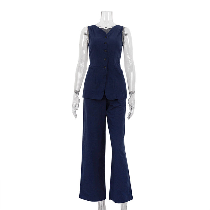 Navy Blue Sleeveless Vest Trousers Suit Summer Cinched Waist Waistcoat Slimming Two Piece Suit-Navy Blue-Fancey Boutique