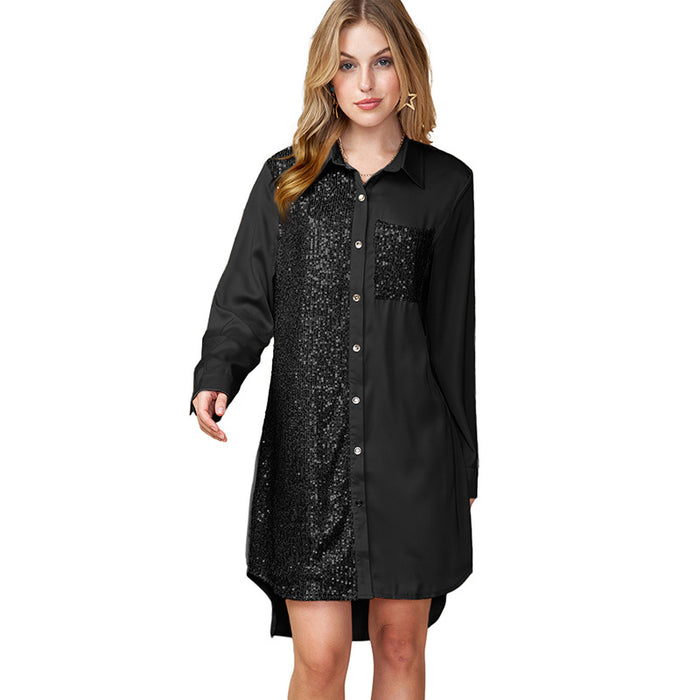 Color-Black-Autumn Shirt Long Sleeved Dress for Women All Match Sequin Stitching Knee Length Dress for Women-Fancey Boutique