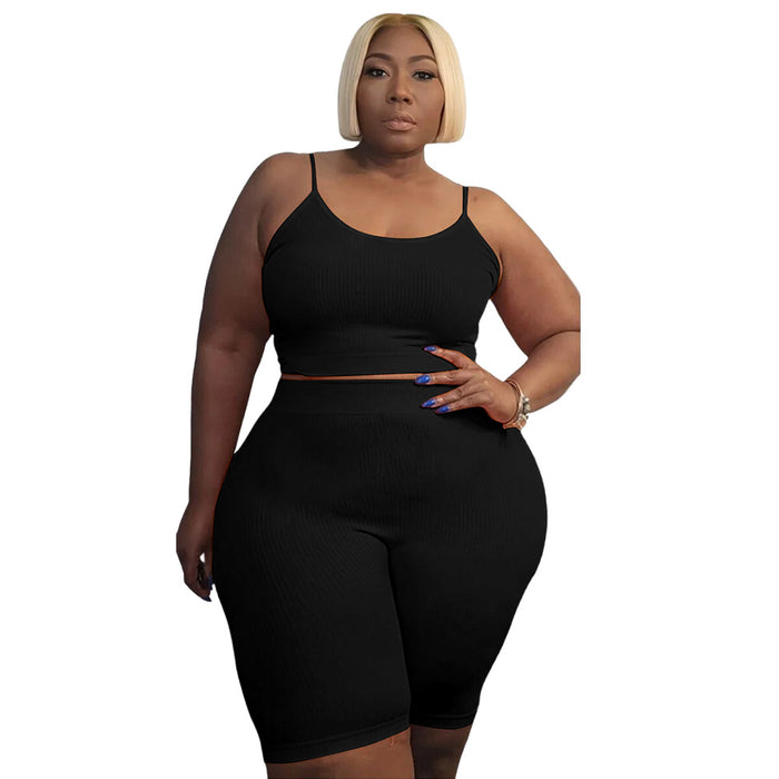 Color-Black-Plus Size Women Clothing Casual Sports Two Piece High Elastic U Shaped Sleeveless Shorts Suit-Fancey Boutique