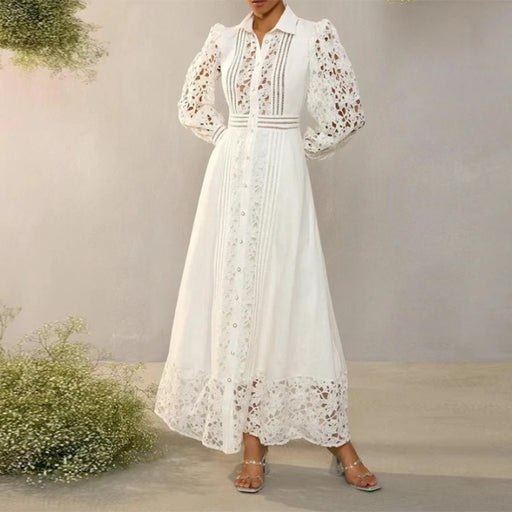 French High Grade Dress Summer Women Clothing Collared Embroidery Hollow Out Cutout out Cinched Maxi Dress Women-Fancey Boutique