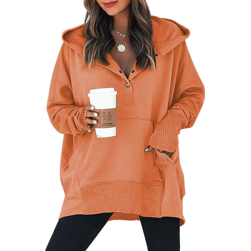 Color-Orange-Loose Hooded Sweater Women Mid Length Autumn Winter Solid Color Casual Bottoming Shirt Top-Fancey Boutique