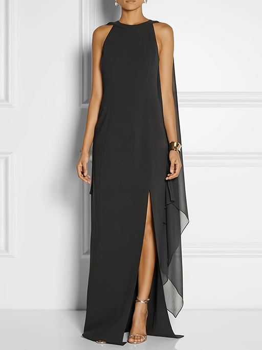 Color-Black-Autumn Winter Women Clothing Solid Color Halter Sleeveless Slim Fit Slit Trend Maxi Dress-Fancey Boutique