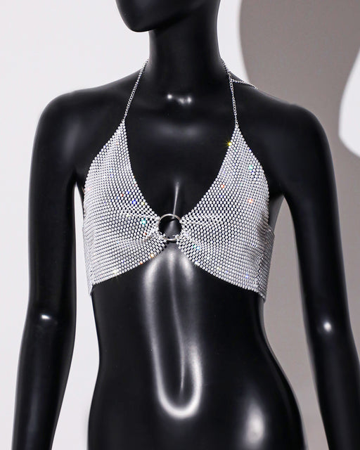 Women Clothing Sweet Spicy Top Wall Mounted Sling Fishnet Rhinestone Camisole Summer Dopamine Sling-White-Fancey Boutique