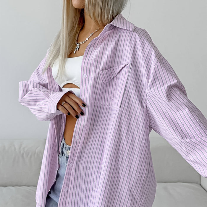 Summer Casual Design Diamond Embedded Striped Office Long Sleeve Shirt Russian Loose Shirt Women-Fancey Boutique