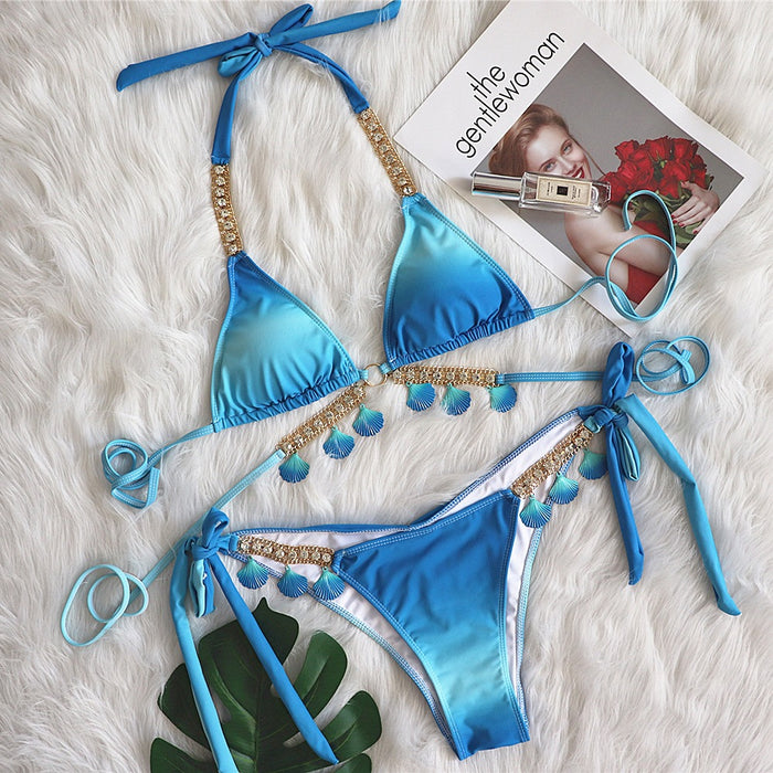 Color-Gradient blue-Sexy Bandage Gradient Printing Women Split Swimsuit Luxury Crystal Diamond Bikini Swimsuit-Fancey Boutique