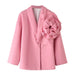 Color-Pink-Winter Fashionable Western Three Dimensional Floral Decoration All Match Pink Woolen Blazer Women-Fancey Boutique