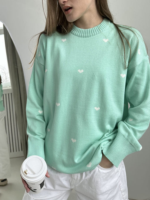 Heart Printing Sweater Autumn Winter Office Casual Round Neck Design Sweater-Green-Fancey Boutique