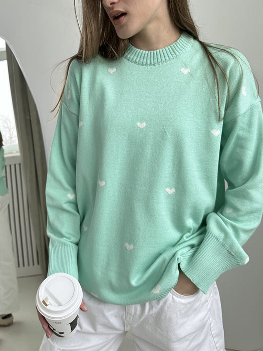 Heart Printing Sweater Autumn Winter Office Casual Round Neck Design Sweater-Green-Fancey Boutique