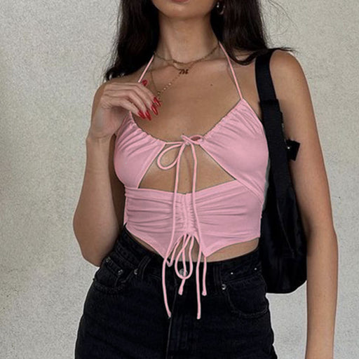 Color-Pink-Summer Women Wear Top Drawstring Hollow Out Cutout out Strap U Collar Slim Fit Inner Wear Small Vest for Women-Fancey Boutique