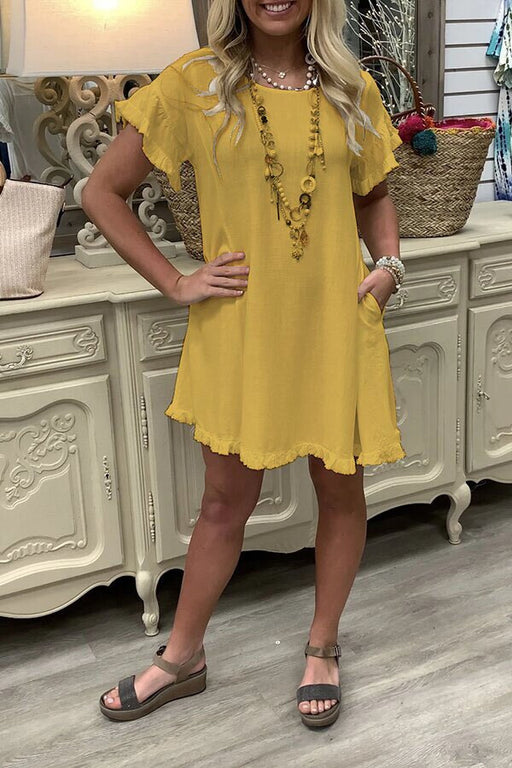 Color-Yellow-Ladies Cotton Linen Dress Solid Color Short Sleeve Burr Side Pocket Midi Dress-Fancey Boutique