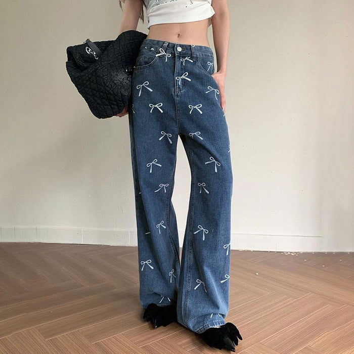 Personalized Bow Print Sweet Spicy Cool Girl Low Waist Basic Profile Casual Straight Leg Denim Trousers Summer-Fancey Boutique