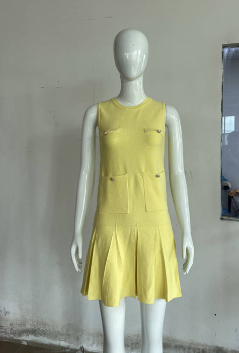 Summer Wide Pleated Button Decoration Knitted Mini Dress-Yellow-Fancey Boutique