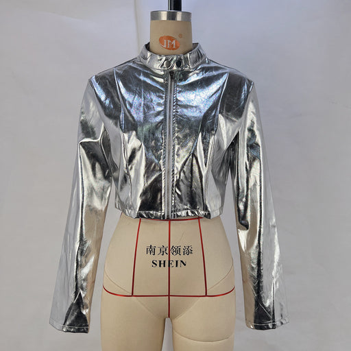 Color-Silver-Women Clothing Fall Winter Faux Leather Metal Collar Zipper Jacket Women Leather Jacket Coat-Fancey Boutique