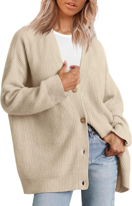Color-Apricot-V Neck Front Button Solid Color Sweater Cardigan Women Clothing Loose Large Board Knitted Coat-Fancey Boutique