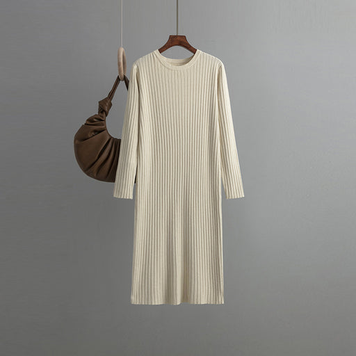 Color-Apricot-Autumn Winter Round Neck Loose Long Sleeves Knitted Dress Women Long below the Knee Underdress-Fancey Boutique