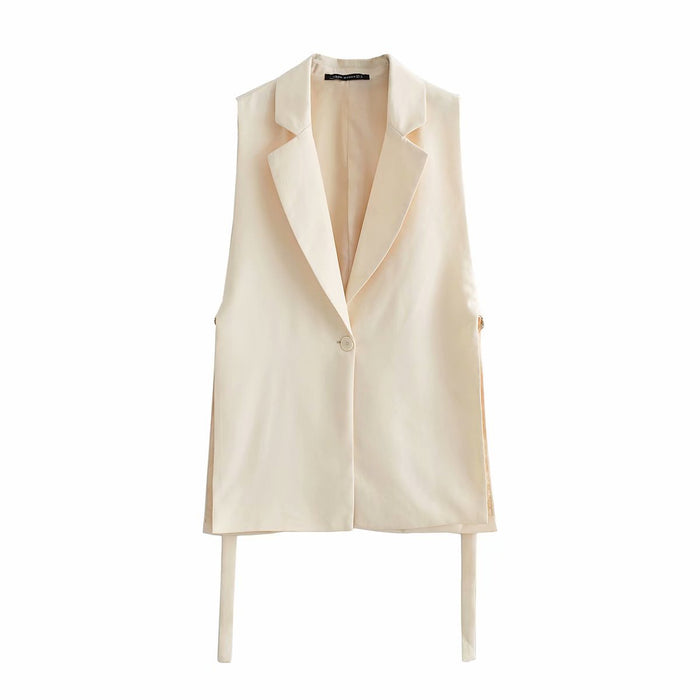 Color-Beige-Autumn Solid Color Tied Decorative Split Single Button Vest Blazer Vest-Fancey Boutique