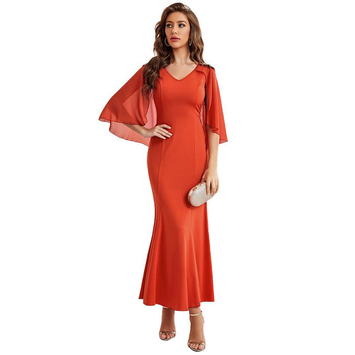 Color-Orange-Autumn Women Clothing Casual Dolman Sleeve V neck Slim Sheath Dress-Fancey Boutique