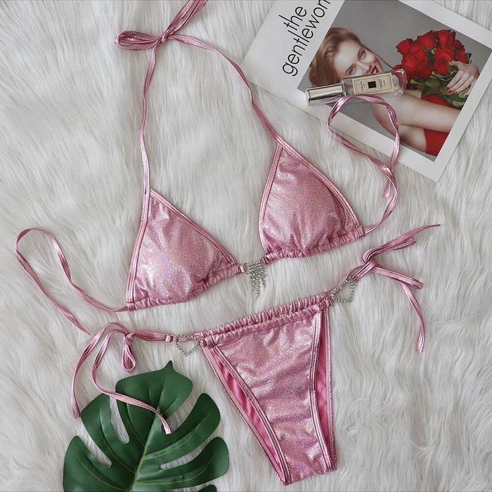 Color-Pink-Bikini New Women Swimsuit Sexy Love Crystal Diamond Tassel Swimsuit-Fancey Boutique
